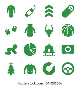 Outline icons set. set of 16 outline filled icons such as bull, baby crawl, baby hands, jacket, overcoat, christmas tree, case with heart, basketball, pie chart, firework