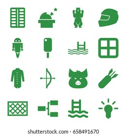 Outline icons set. set of 16 outline filled icons such as pig, bear, window, jacket, fence, pill, pool, structure, helmet, robot, rocket bomb, bulb, observatory, bow