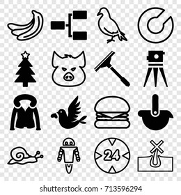 Outline icons set. set of 16 outline filled and outline icons such as window squeegee, overcoat, theodolite, christmas tree, love bird, structure, robot, pig, dove, snail