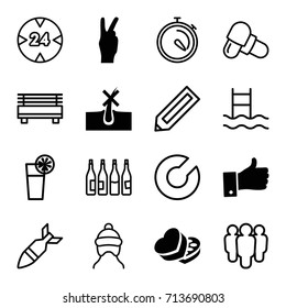 Outline icons set. set of 16 outline filled and outline icons such as no hair in skin, sweet box, thumb up, peace, bottle, pencil, baby cap, pill, stopwatch, cocktail, 24 hour