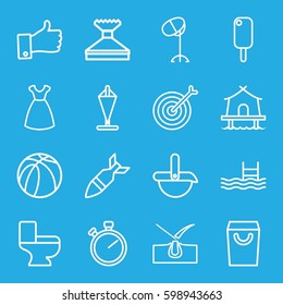 outline icons set. Set of 16 outline outline icons such as shave hair in skin, dress, hair dryer, window squeegee, toilet, pool, basketball, thumb up, tent, robot, rocket bomb