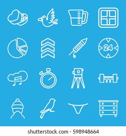outline icons set. Set of 16 outline outline icons such as sparrow, window, bridge, baby cap, nightstand, female underwear, theodolite, love bird, sweet box, music cloud