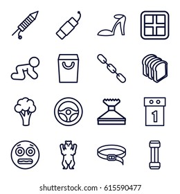 Outline icons set. set of 16 outline outline icons such as bear, cauliflower, window, baby crawl, heel sandals, window squeegee, belt, bread slices, chain, fireworks, firework