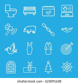 Outline icons set. set of 16 outline outline icons such as pig, window, no hair in skin, woman in hammock, overcoat, toilet, chain, calendar, love bird, satellite