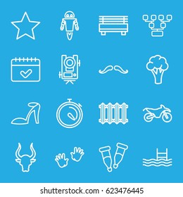 Outline icons set. set of 16 outline outline icons such as bull, cauliflower, level equipment, baby hands, mustache, heel sandals, pool, stopwatch, calendar, pipette, radiator