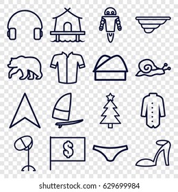 Outline icons set. set of 16 outline outline icons such as bear, snail, heel sandals, hair dryer, female underwear, jacket, fence, navigation arrow, headset, chef hat, tent