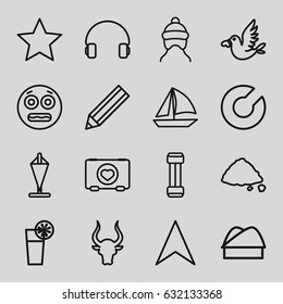 Outline icons set. set of 16 outline outline icons such as bull, baby cap, pencil, ground heap, case with heart, navigation arrow, love bird, headset, cocktail, chef hat