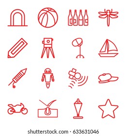 Outline icons set. set of 16 outline outline icons such as siren, dragonfly, bottle, pencil, shave hair in skin, hair dryer, theodolite, basketball, satellite, fireworks, star