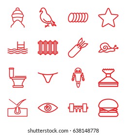 Outline icons set. set of 16 outline outline icons such as dove, snail, bridge, baby cap, shave hair in skin, window squeegee, toilet, female underwear, eye, pool, cookie