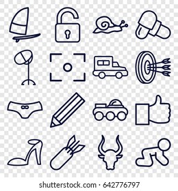 Outline icons set. set of 16 outline outline icons such as bull, snail, opened lock, baby crawl, heel sandals, hair dryer, female underwear, pencil, pill, truck, robot