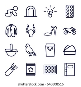 Outline icons set. set of 16 outline outline icons such as siren, dove, bull, baby crawl, heel sandals, jacket, star, fence, pill, notebook, chef hat, robot, rocket bomb