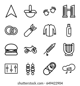 Outline icons set. set of 16 outline outline icons such as bridge, baby hands, bottle, jacket, navigation arrow, sliders, music cloud, fireworks, engagement rings, kebab