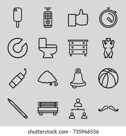Outline icons set. set of 16 outline outline icons such as bear, nightstand, mustache, toilet, ground heap, basketball, stopwatch, musical pipe, structure, firework