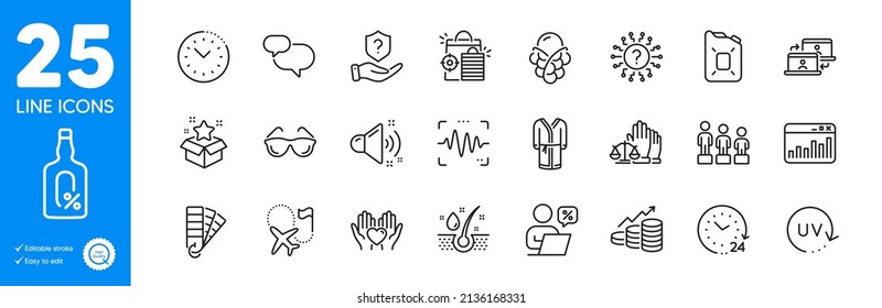 Outline icons set. 24 hours, Loud sound and Loyalty program icons. Bathrobe, Seo shopping, Ice cream web elements. Online discounts, Canister oil, Hold heart signs. Time management. Vector