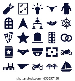 Outline icons set. set of 25 outline filled icons such as siren, window, woman in hammock, female underwear, overcoat, star, sailboat, fence, pill, pool, navigation arrow