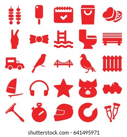 Outline icons set. set of 25 outline filled icons such as pig, dove, sparrow, bridge, window squeegee, bow tie, toilet, calendar, sweet box, headset, pipette, kebab, radiator