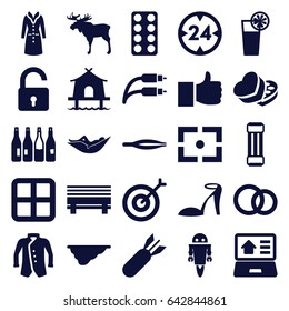 Outline icons set. set of 25 outline filled icons such as bottle, moose, window, opened lock, tweezers, woman in hammock, heel sandals, jacket, overcoat, fence, pill