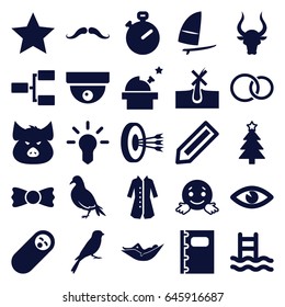 Outline icons set. set of 25 outline filled icons such as pig, dove, bull, sparrow, pencil, mustache, no hair in skin, woman in hammock, overcoat, bow tie, confused emot