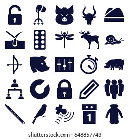 Outline icons set. set of 25 outline filled icons such as dragonfly, moose, pig, bull, sparrow, snail, pencil, lock, opened lock, shave hair in skin, hair dryer, overcoat