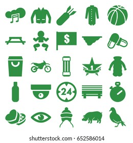 Outline icons set. set of 25 outline filled icons such as dove, pig, baby cap, bottle, jacket, overcoat, fence, pill, eye, basketball, sweet box, music cloud, 1st place star