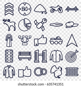 Outline icons set. set of 25 outline outline icons such as moose, turkey, bridge, tweezers, jacket, overcoat, ground heap, pill, navigation arrow, rings, pie chart, thumb up