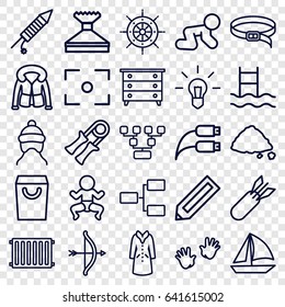 Outline icons set. set of 25 outline outline icons such as pencil, baby cap, baby crawl, baby hands, nightstand, window squeegee, belt, overcoat, ground heap, earphone wire