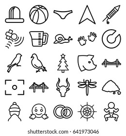 Outline icons set. set of 25 outline outline icons such as dragonfly, dove, bull, sparrow, pig, snail, bridge, baby cap, baby hands, female underwear, ground heap, basketball