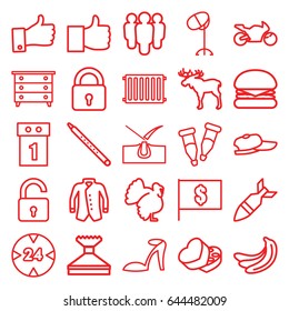 Outline icons set. set of 25 outline outline icons such as moose, turkey, banana, lock, opened lock, nightstand, shave hair in skin, heel sandals, hair dryer, window squeegee