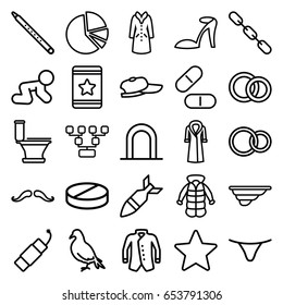 Outline icons set. set of 25 outline outline icons such as siren, dove, baby crawl, mustache, heel sandals, toilet, female underwear, jacket, overcoat, star, fence, pill