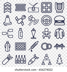 Outline icons set. set of 25 outline outline icons such as bottle, window, shave hair in skin, overcoat, jacket, fence, bridge, rings, satellite, structure, fireworks