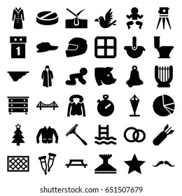 Outline icons set. set of 36 outline filled icons such as pig, window, bridge, baby crawl, nightstand, mustache, shave hair in skin, window squeegee, toilet, overcoat, jacket