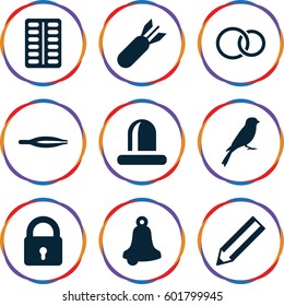 outline icons set. Set of 9 outline filled icons such as sparrow, lock, tweezers, pencil, pill, siren, rings, rocket bomb