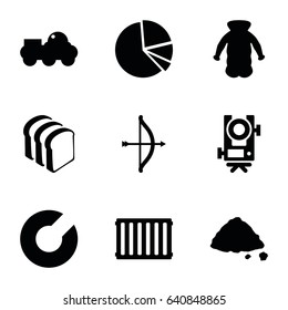 Outline icons set. set of 9 outline filled icons such as level equipment, overcoat, bread slices, ground heap, pie chart, radiator, robot, bow