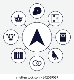 Outline icons set. set of 9 outline filled icons such as dove, window, navigation arrow, rings, radiator, 1st place star, helmet, shopping bag