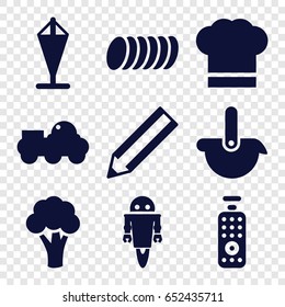 Outline icons set. set of 9 outline filled icons such as cauliflower, pencil, chef hat, cookie, remote control, robot