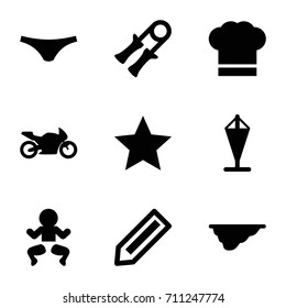 Outline icons set. set of 9 outline filled icons such as pencil, female underwear, fence, chef hat, motorbike, flag, star, newborn child