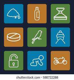 outline icons set. Set of 9 outline outline icons such as sparrow, opened lock, baby cap, crawl, bottle, window squeegee, ground heap, pill
