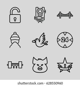 Outline icons set. set of 9 outline outline icons such as pig, opened lock, level equipment, bridge, baby cap, love bird, 24 hour