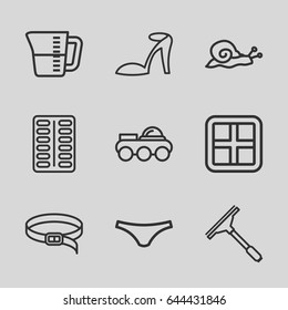 Outline icons set. set of 9 outline outline icons such as snail, window, heel sandals, window squeegee, female underwear, belt, pill, decanted