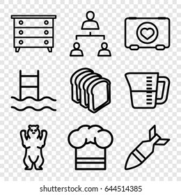 Outline icons set. set of 9 outline outline icons such as bear, nightstand, bread slices, case with heart, structure, chef hat, decanted, rocket bomb