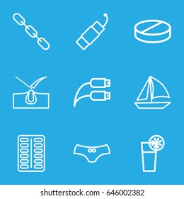 Outline icons set. set of 9 outline outline icons such as shave hair in skin, female underwear, pill, chain, earphone wire, cocktail, firework