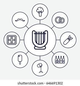 Outline icons set. set of 9 outline outline icons such as cauliflower, bottle, window, mustache, hair dryer, engagement rings, rocket bomb, ice cream