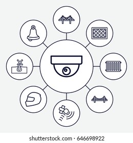 Outline icons set. set of 9 outline outline icons such as bridge, no hair in skin, fence, satellite, radiator, helmet, security camera