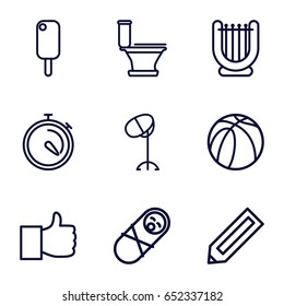 Outline icons set. set of 9 outline outline icons such as pencil, hair dryer, toilet, basketball, stopwatch, like, newborn child, ice cream