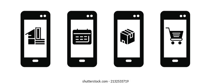 outline icons set about click and delivery services steps via smartphone. Shopping online concepts delivery services steps via smartphone