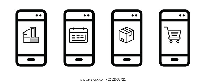 outline icons set about click and delivery services steps via smartphone. Shopping online concepts delivery services steps via smartphone