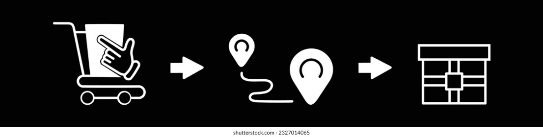 outline icons set about click and collect. Shopping online concepts delivery services steps  concept on black background