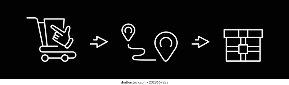 outline icons set about click and collect. Shopping online concepts delivery services steps  concept on black background