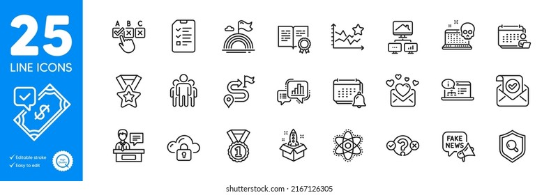 Outline icons set. Accounting, Confirmed mail and Online documentation icons. Cloud protection, Correct checkbox, Accepted payment web elements. Journey, Ranking stars, Startup signs. Vector