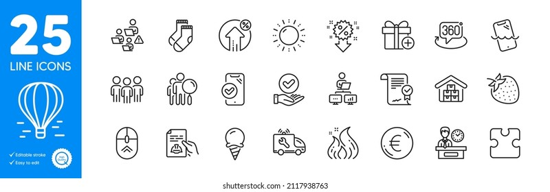 Outline icons set. Add gift, Swipe up and Euro money icons. Ice cream, Discount, Loan percent web elements. Approved checkbox, Wholesale goods, Puzzle signs. Group, Car service, Socks. Vector